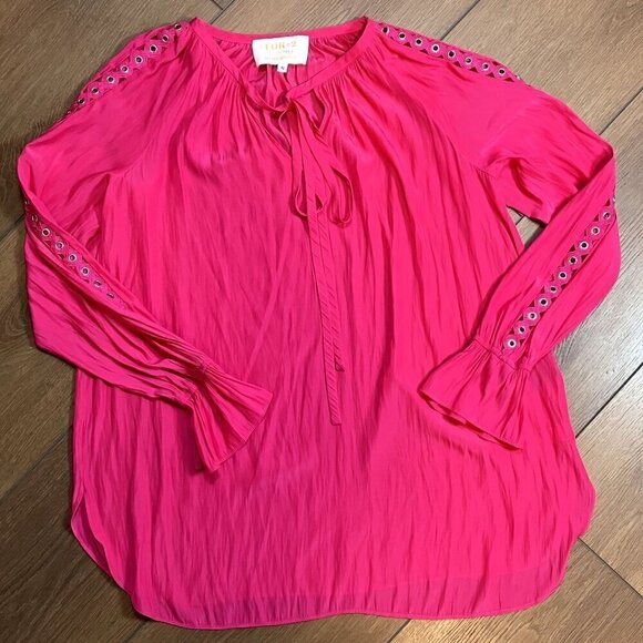 For 2 by Ramy Brook Dark Pink Tie Collar Balloon Sleeve Maternity Top (Size S) - Picture 1 of 5